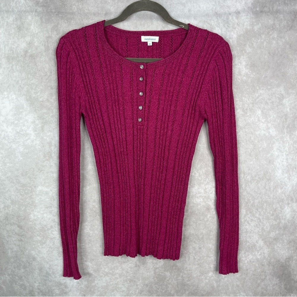Sundance Echo Beauty Henley Pointelle Ribbed Knit Top Sweater In Berry Size XS